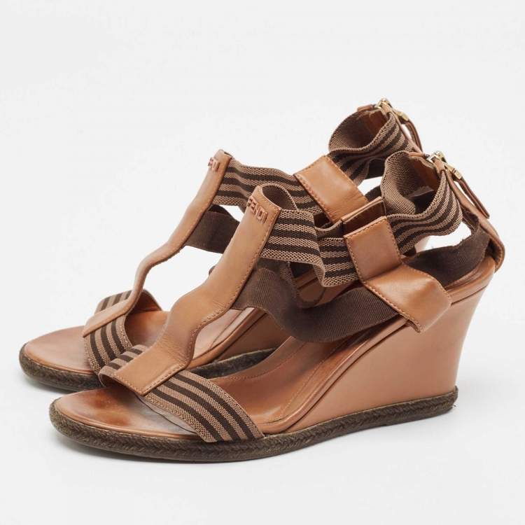 Pre Owned Fendi Brown Leather and Stretch Fabric Wedge Sandals Size 37