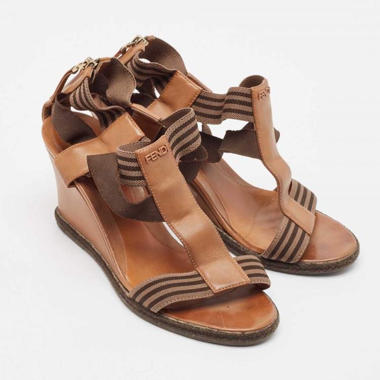 Pre Owned Fendi Brown Leather and Stretch Fabric Wedge Sandals Size 37