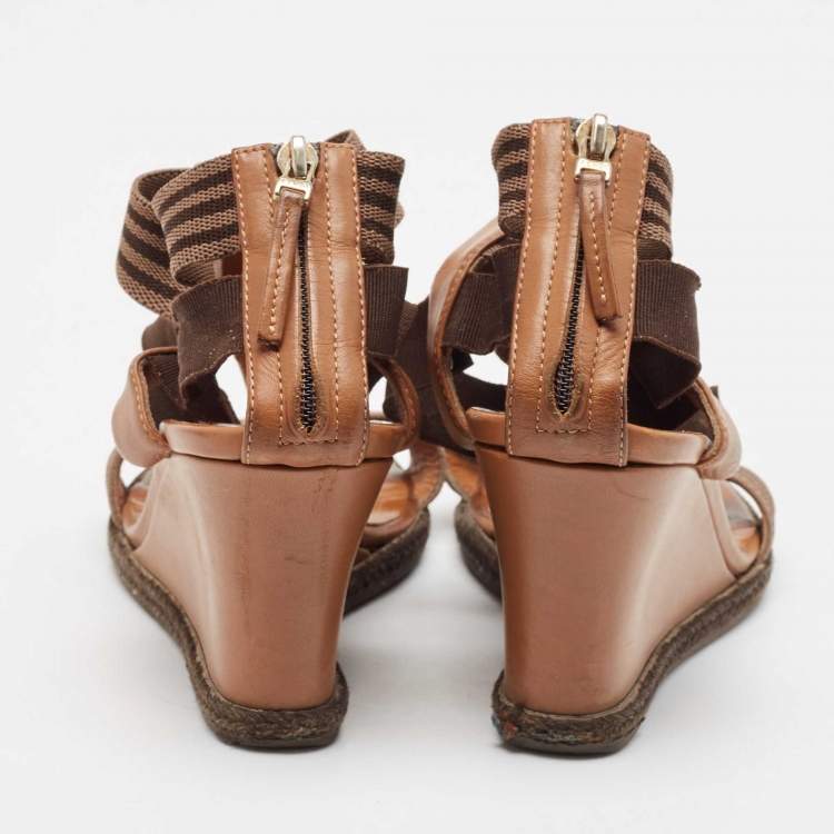 Pre Owned Fendi Brown Leather and Stretch Fabric Wedge Sandals Size 37