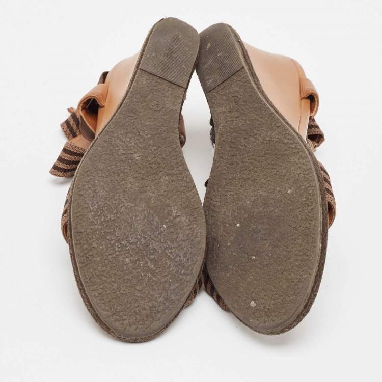 Pre Owned Fendi Brown Leather and Stretch Fabric Wedge Sandals Size 37