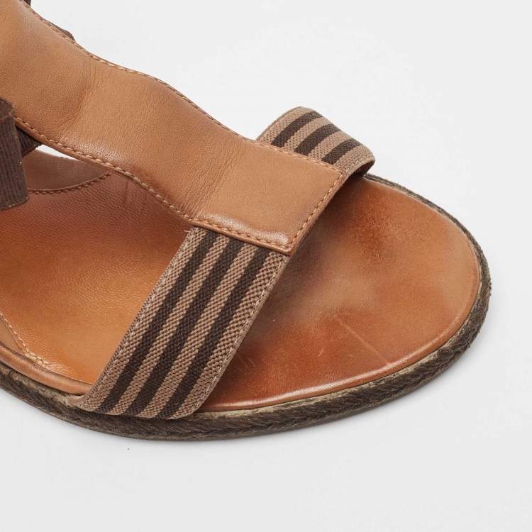 Pre Owned Fendi Brown Leather and Stretch Fabric Wedge Sandals Size 37