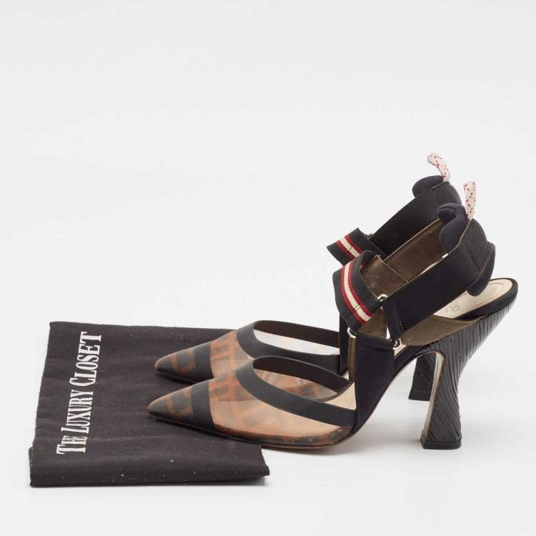 Pre Owned Fendi Brown/Black Zucca Mesh and Leather Colibri Slingback Pumps Size 38