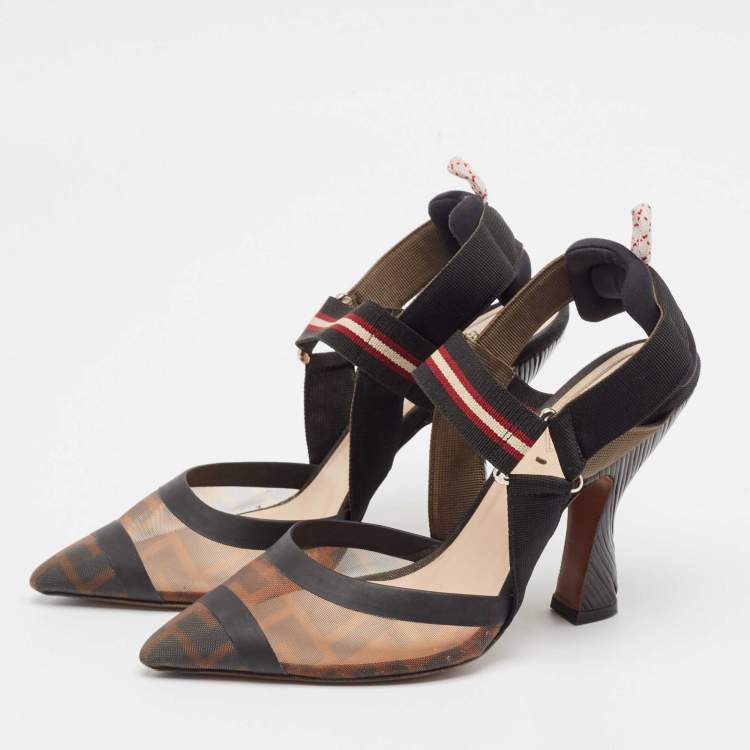 Pre Owned Fendi Brown/Black Zucca Mesh and Leather Colibri Slingback Pumps Size 38