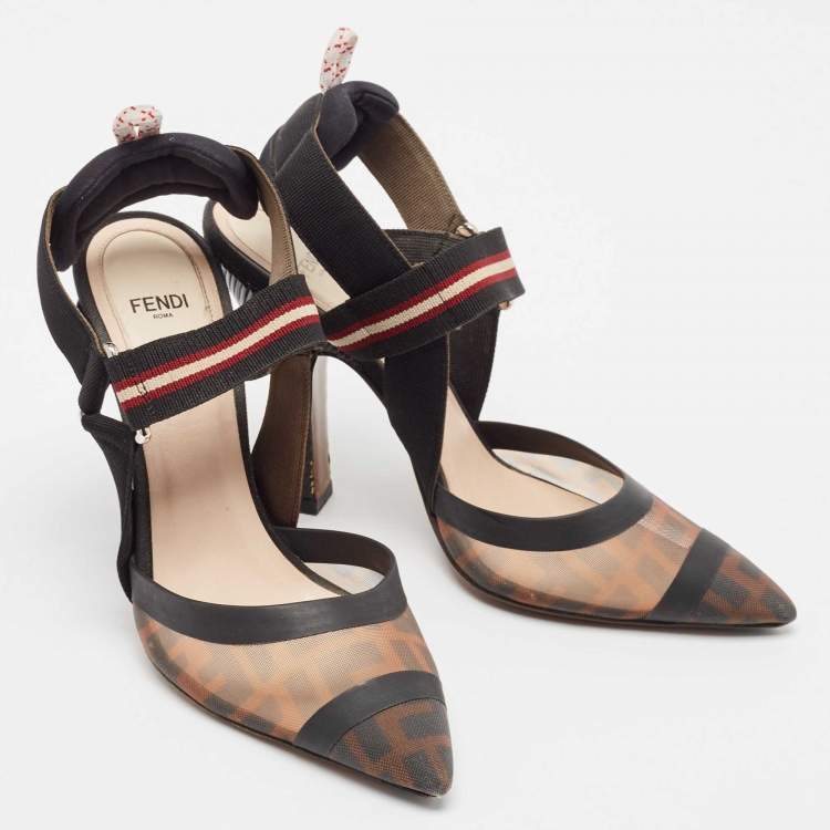 Pre Owned Fendi Brown/Black Zucca Mesh and Leather Colibri Slingback Pumps Size 38