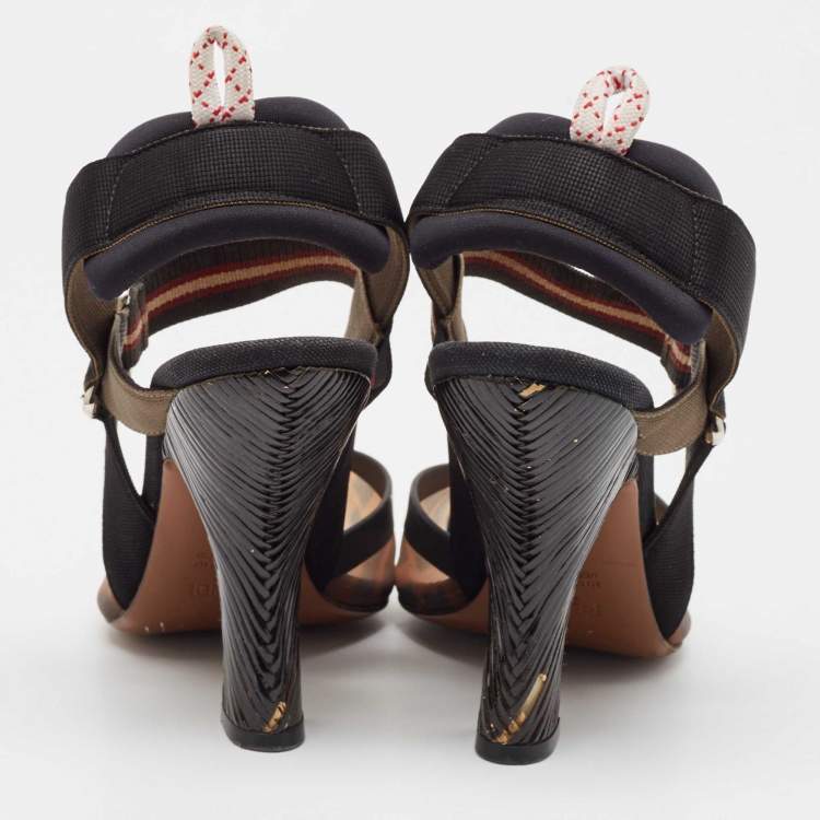 Pre Owned Fendi Brown/Black Zucca Mesh and Leather Colibri Slingback Pumps Size 38