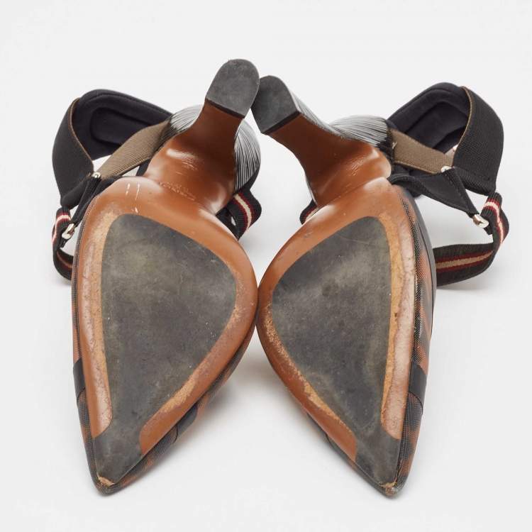 Pre Owned Fendi Brown/Black Zucca Mesh and Leather Colibri Slingback Pumps Size 38