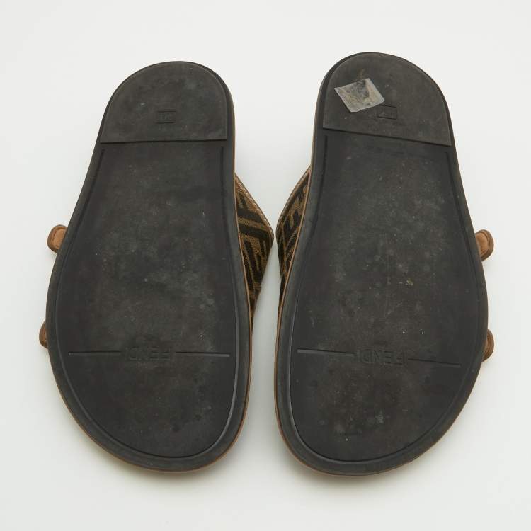 Pre Owned Fendi Brown Zucca Canvas and Leather FF Buckle Slides Size 37.5
