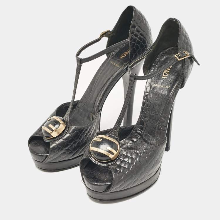 Pre Owned Fendi Black Croc Embossed Leather Peep Toe Sandals Size 37