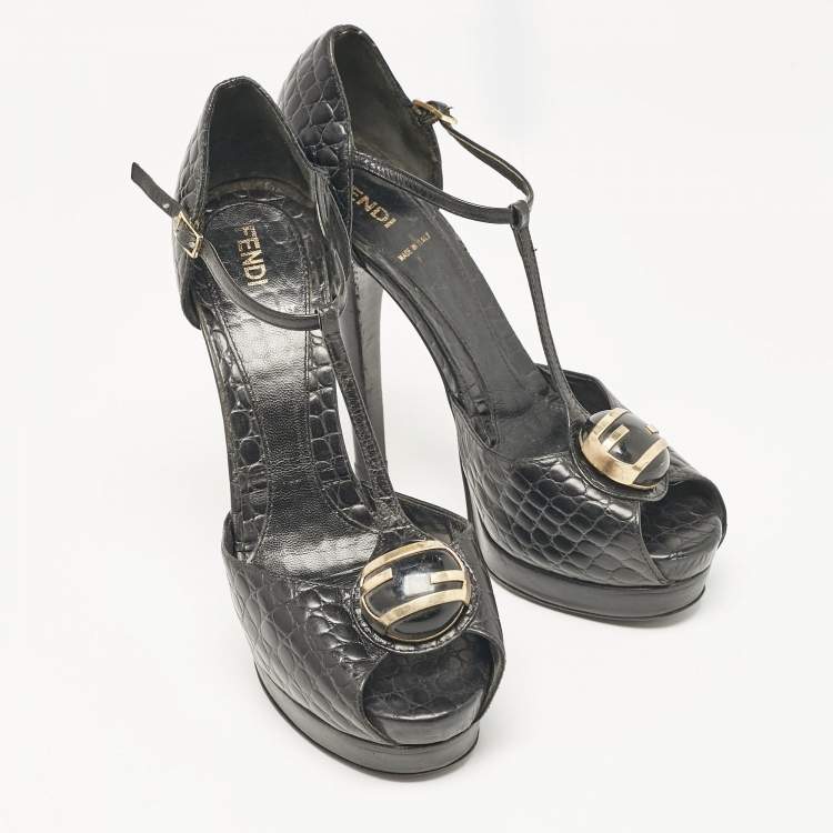 Pre Owned Fendi Black Croc Embossed Leather Peep Toe Sandals Size 37