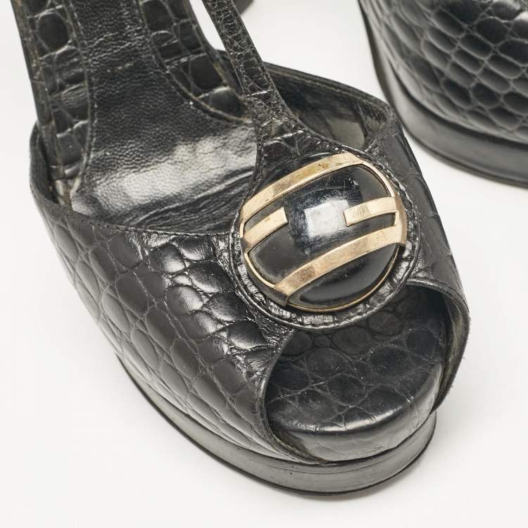 Pre Owned Fendi Black Croc Embossed Leather Peep Toe Sandals Size 37