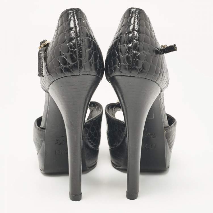 Pre Owned Fendi Black Croc Embossed Leather Peep Toe Sandals Size 37