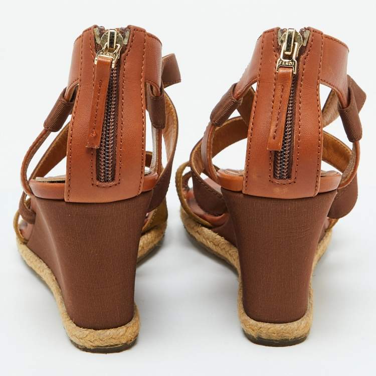 Pre Owned Fendi Brown Leather and Fabric Criss Cross Wedge Sandals Size 37