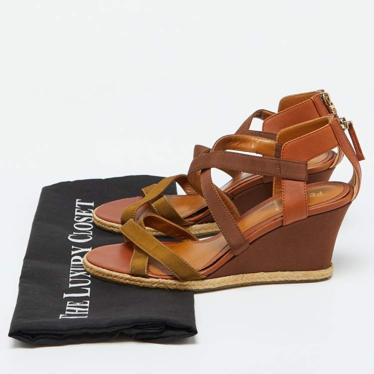 Pre Owned Fendi Brown Leather and Fabric Criss Cross Wedge Sandals Size 37