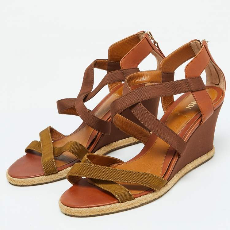Pre Owned Fendi Brown Leather and Fabric Criss Cross Wedge Sandals Size 37