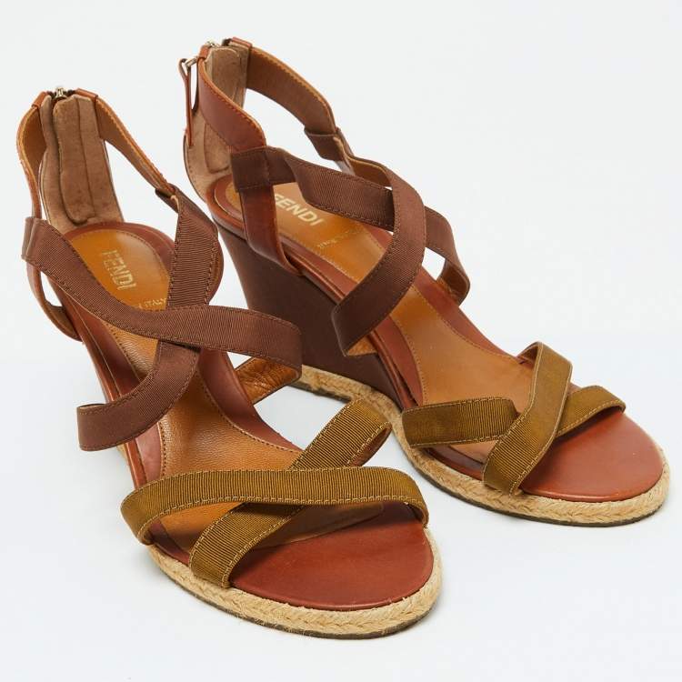 Pre Owned Fendi Brown Leather and Fabric Criss Cross Wedge Sandals Size 37
