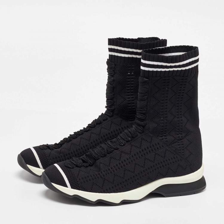 Pre Owned Fendi Black Knit Fabric Sock High Top Slip on Sneakers Size 38
