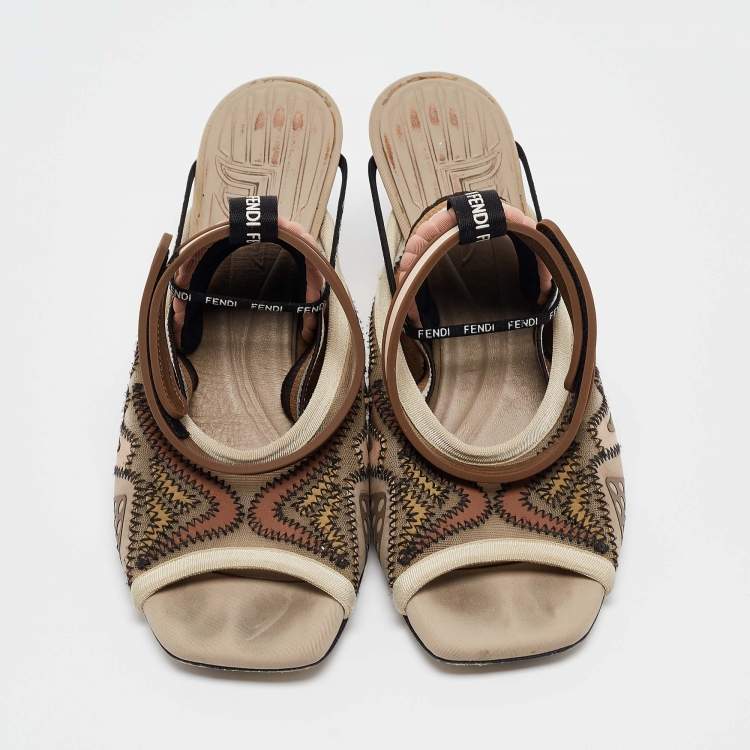 Pre Owned Fendi Beige/Pink Mesh and Fabric Evie Slingback Sandals Size 37.5