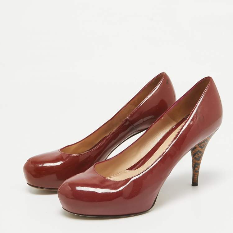 Pre Owned Fendi Rust Brown Patent Leather Zucca Heel Platform Pumps Size 39