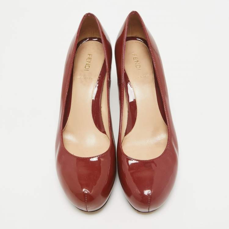 Pre Owned Fendi Rust Brown Patent Leather Zucca Heel Platform Pumps Size 39