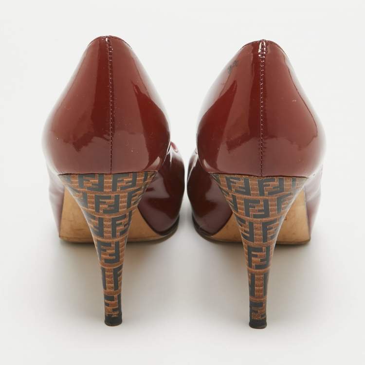 Pre Owned Fendi Rust Brown Patent Leather Zucca Heel Platform Pumps Size 39
