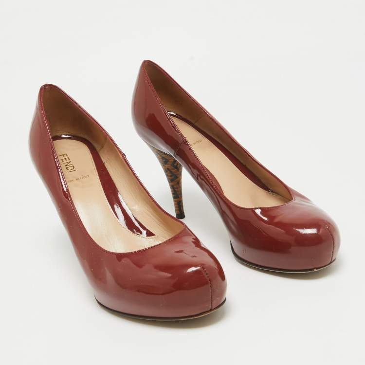 Pre Owned Fendi Rust Brown Patent Leather Zucca Heel Platform Pumps Size 39