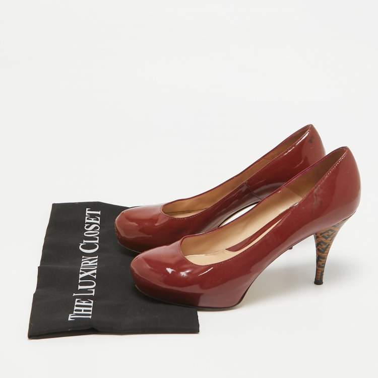 Pre Owned Fendi Rust Brown Patent Leather Zucca Heel Platform Pumps Size 39