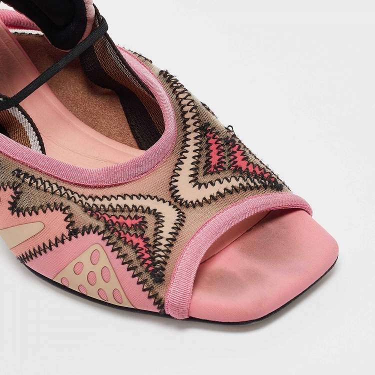 Pre Owned Fendi Pink Mesh and Canvas Evie Slingback Sandals Size 37.5