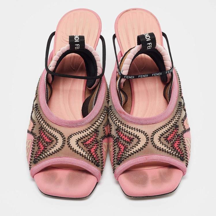 Pre Owned Fendi Pink Mesh and Canvas Evie Slingback Sandals Size 37.5