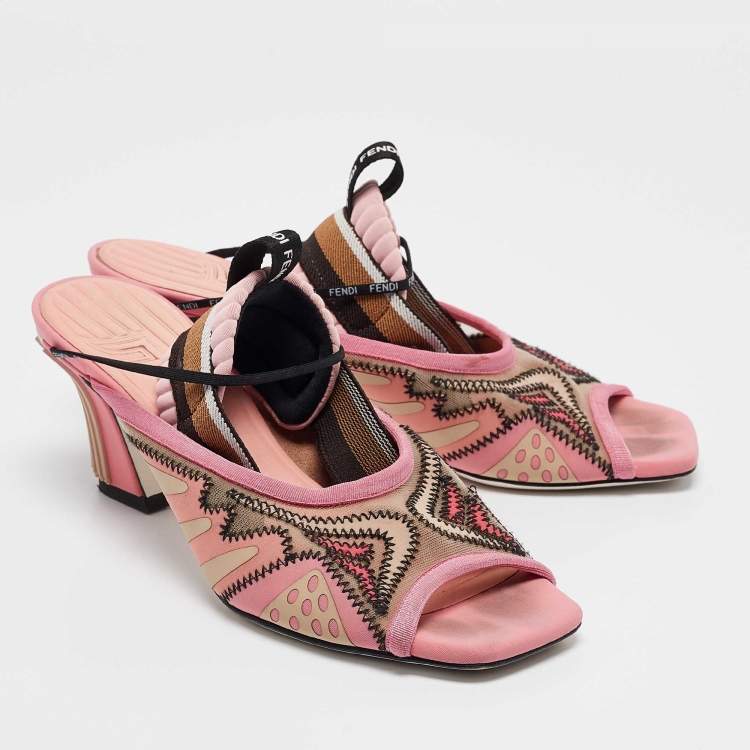 Pre Owned Fendi Pink Mesh and Canvas Evie Slingback Sandals Size 37.5