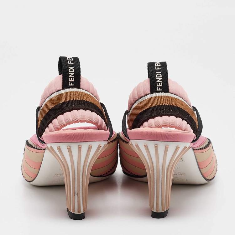 Pre Owned Fendi Pink Mesh and Canvas Evie Slingback Sandals Size 37.5