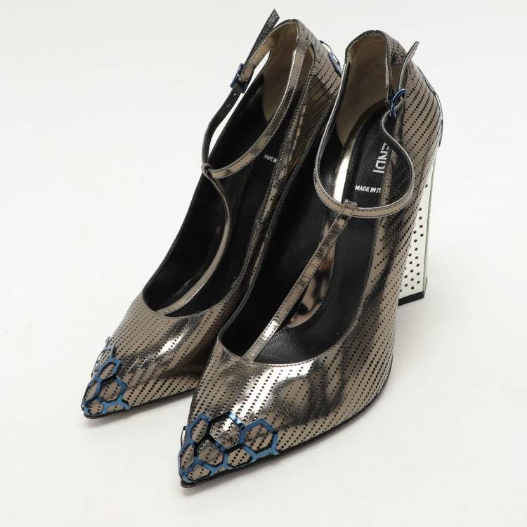 Pre Owned Fendi Metallic Perforated Leather T-Strap Pumps Size 41