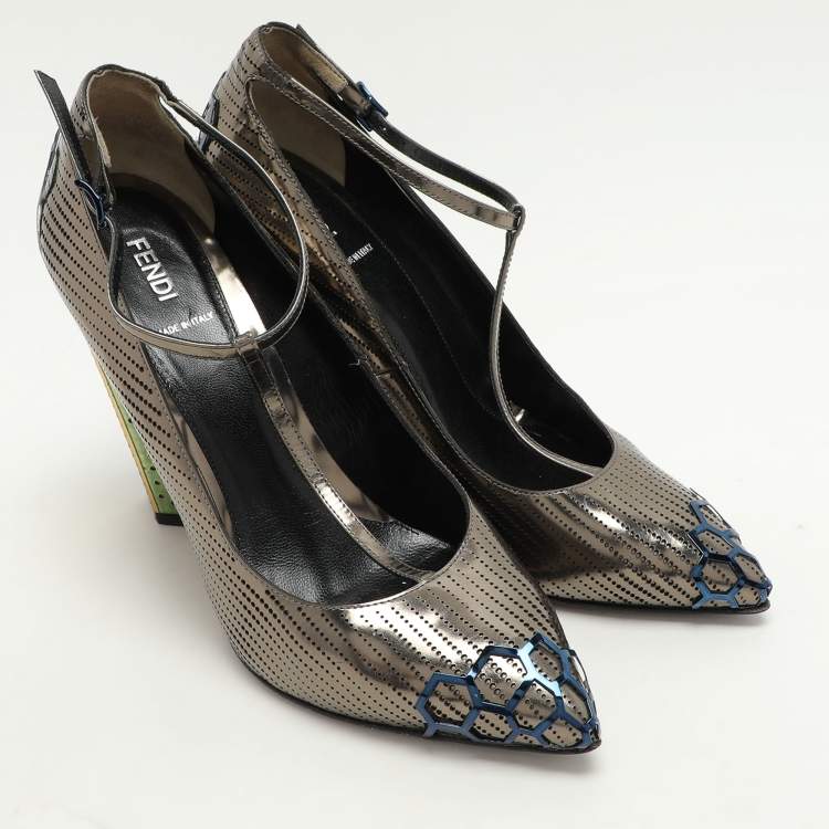 Pre Owned Fendi Metallic Perforated Leather T-Strap Pumps Size 41