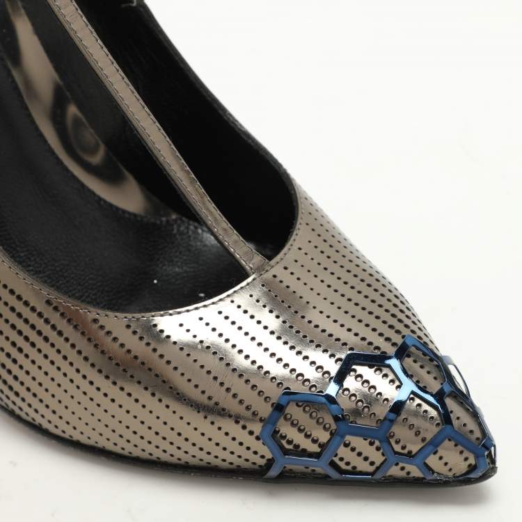 Pre Owned Fendi Metallic Perforated Leather T-Strap Pumps Size 41