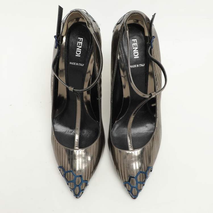 Pre Owned Fendi Metallic Perforated Leather T-Strap Pumps Size 41