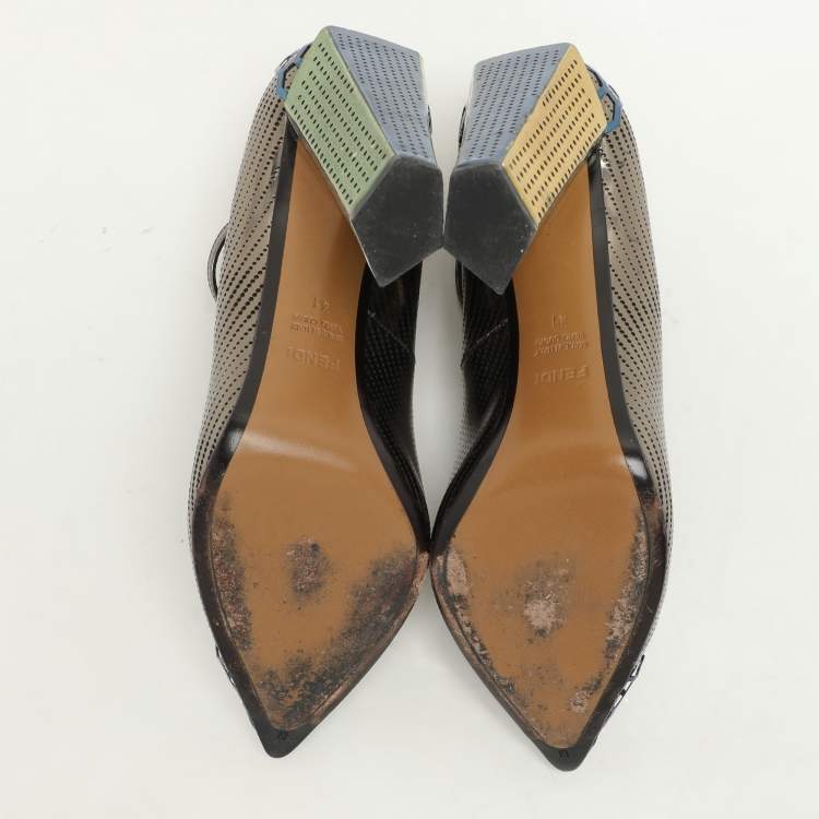 Pre Owned Fendi Metallic Perforated Leather T-Strap Pumps Size 41