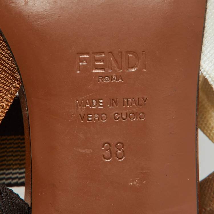 Pre Owned Fendi Brown/White Zucca PVC, Leather and Fabric Colibri Slingback Pumps Size 38