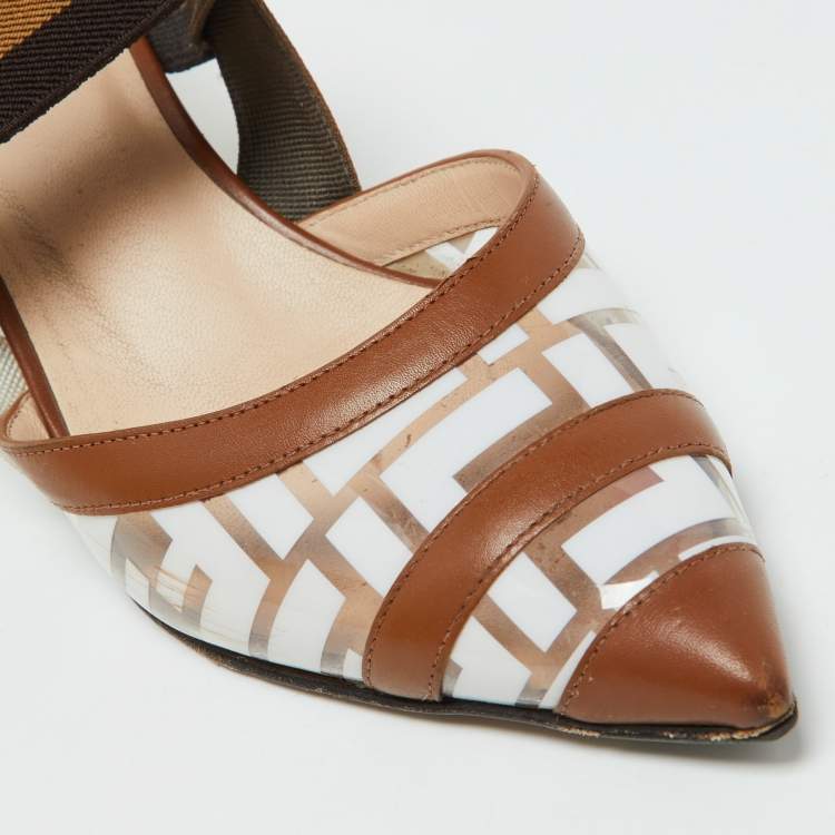 Pre Owned Fendi Brown/White Zucca PVC, Leather and Fabric Colibri Slingback Pumps Size 38