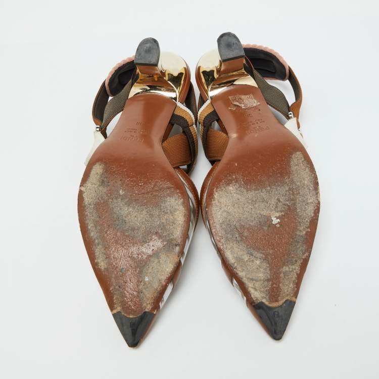 Pre Owned Fendi Brown/White Zucca PVC, Leather and Fabric Colibri Slingback Pumps Size 38
