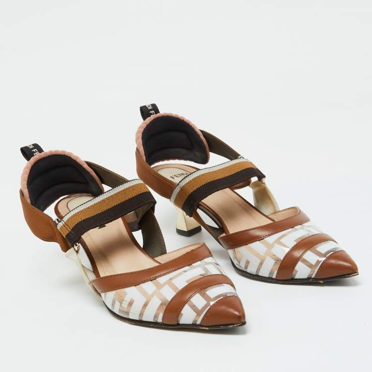 Pre Owned Fendi Brown/White Zucca PVC, Leather and Fabric Colibri Slingback Pumps Size 38
