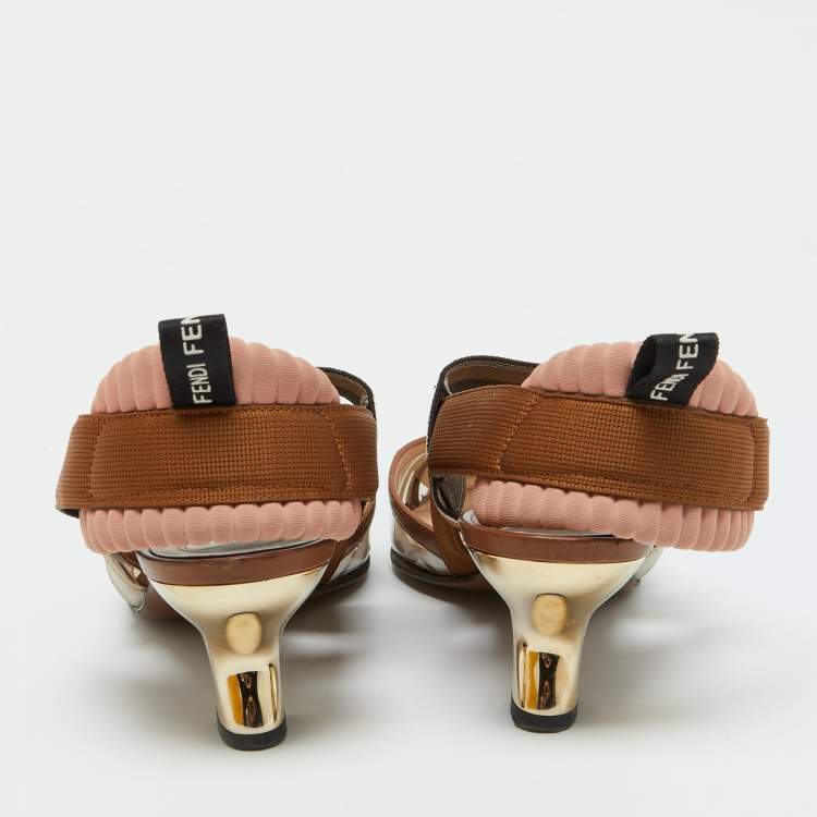 Pre Owned Fendi Brown/White Zucca PVC, Leather and Fabric Colibri Slingback Pumps Size 38