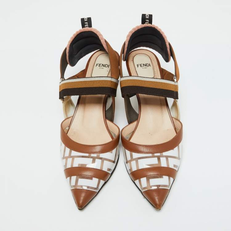 Pre Owned Fendi Brown/White Zucca PVC, Leather and Fabric Colibri Slingback Pumps Size 38