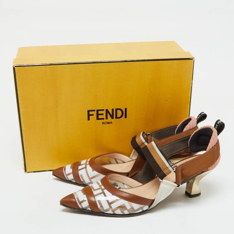 Pre Owned Fendi Brown/White Zucca PVC, Leather and Fabric Colibri Slingback Pumps Size 38