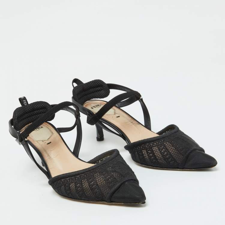 مملوكة مسبقًا Fendi Black Leather and Mesh Colibri Lite Slingback Pumps Size 39