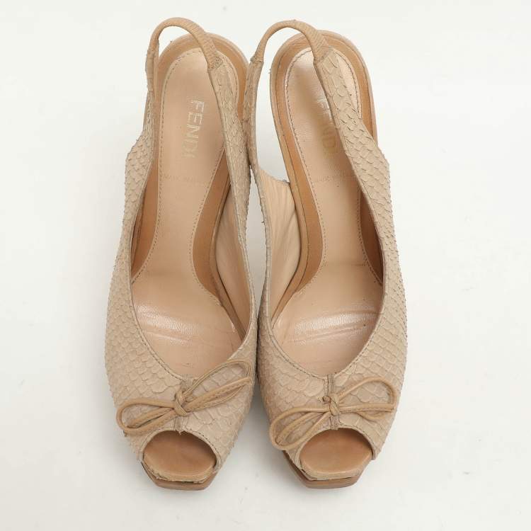 Pre Owned Fendi Light Beige Python Embossed Leather Fendista Platform Pumps Size 37.5