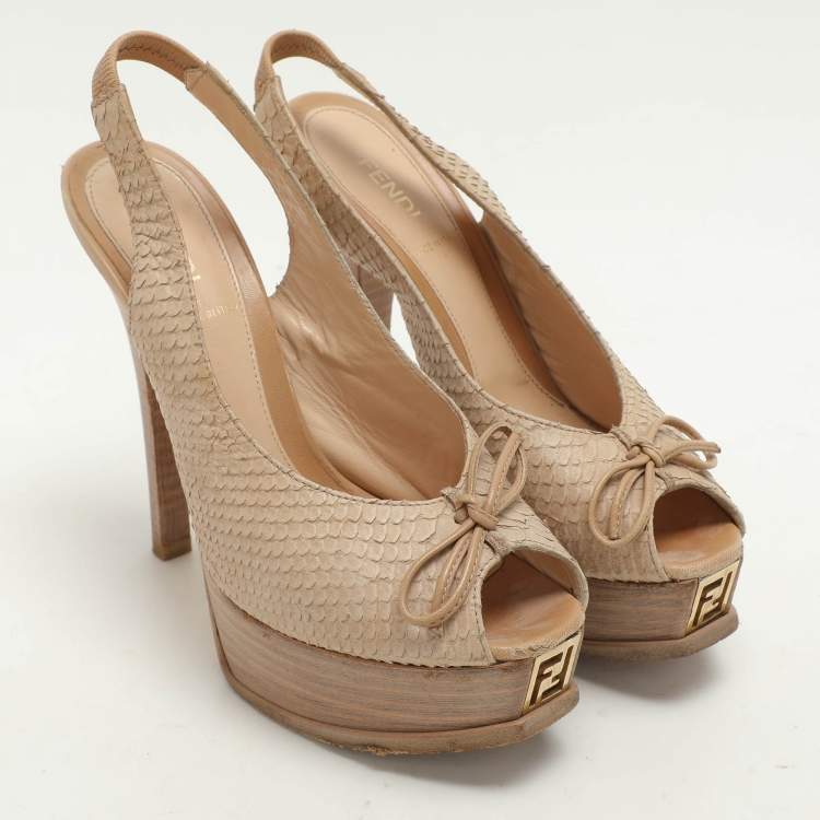 Pre Owned Fendi Light Beige Python Embossed Leather Fendista Platform Pumps Size 37.5