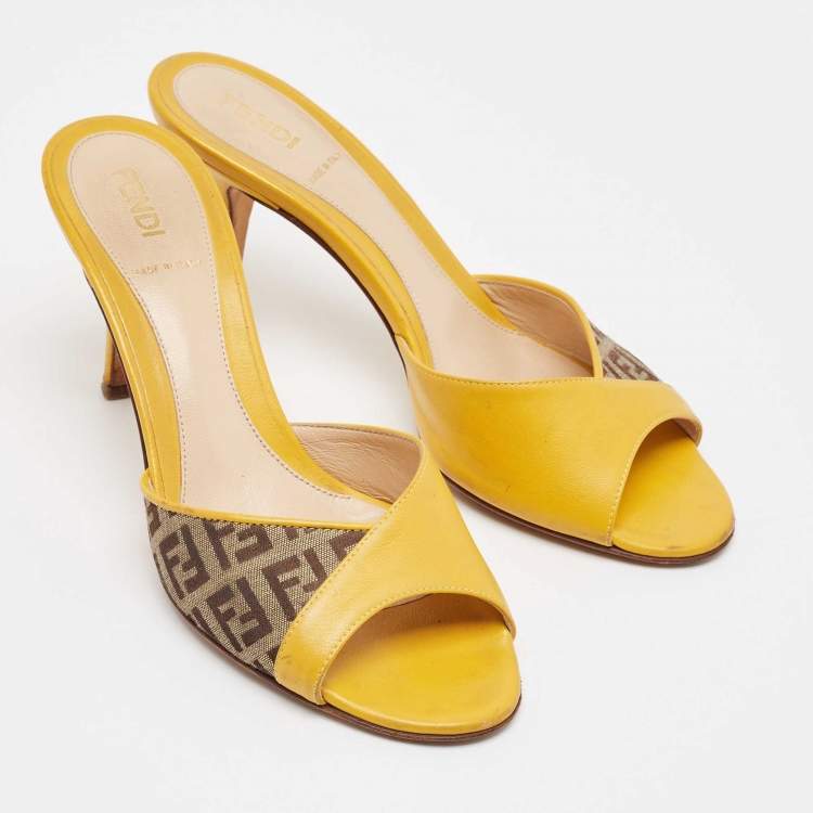Pre Owned Fendi Yellow/Brown Leather and Zucca Canvas Slide Sandals Size 36
