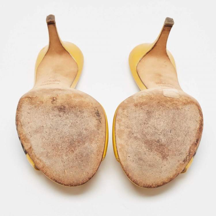 Pre Owned Fendi Yellow/Brown Leather and Zucca Canvas Slide Sandals Size 36