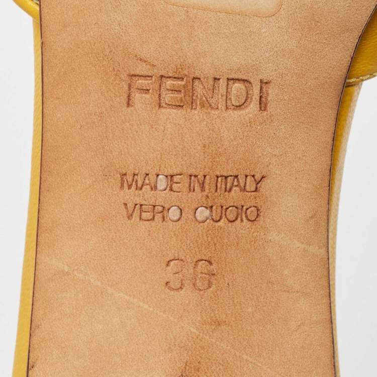 Pre Owned Fendi Yellow/Brown Leather and Zucca Canvas Slide Sandals Size 36
