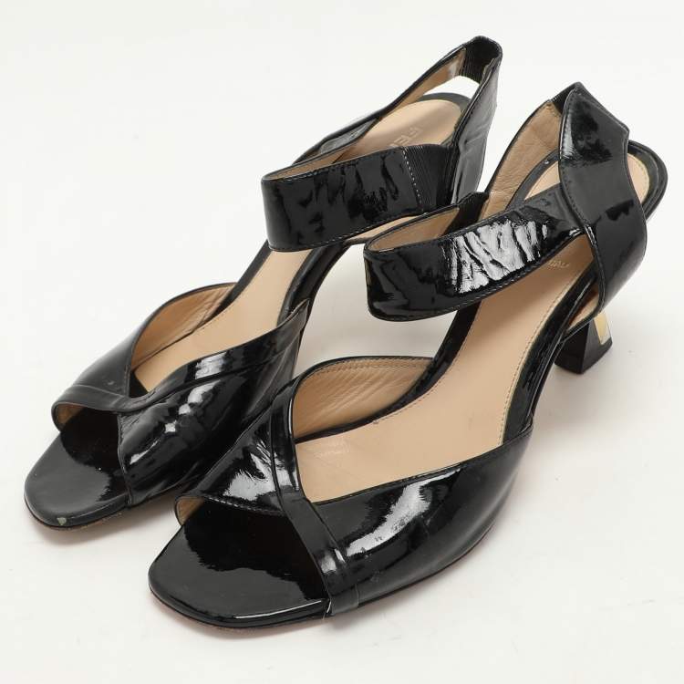 Pre Owned Fendi Black Patent Leather Ankle Strap Sandals Size 37.5