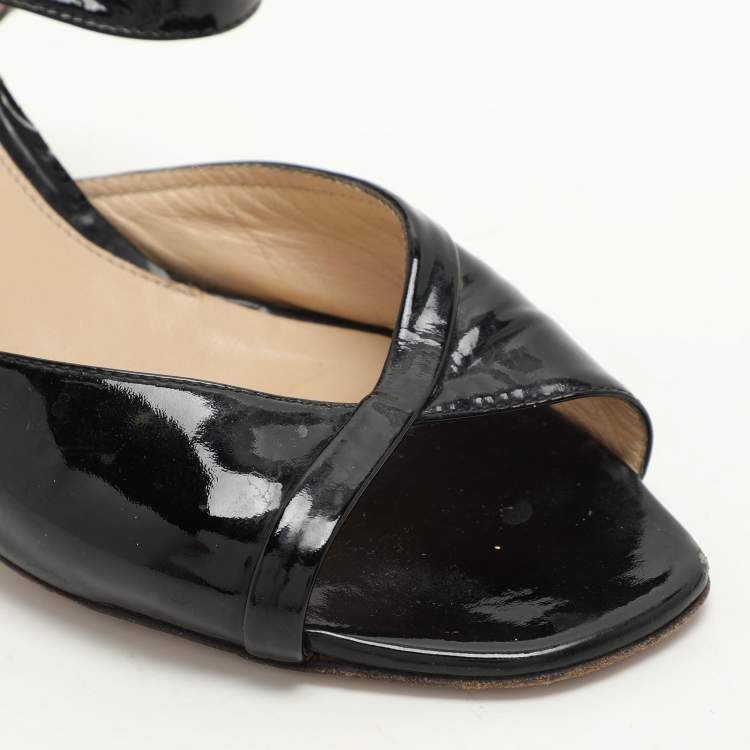 Pre Owned Fendi Black Patent Leather Ankle Strap Sandals Size 37.5